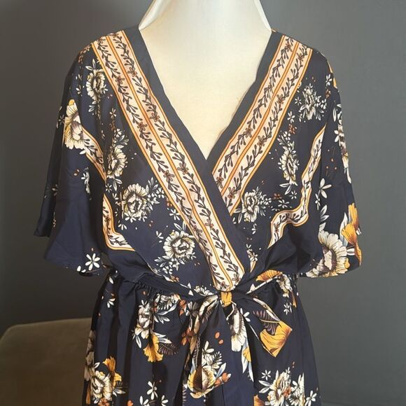 Women V-Neck Bohemian Navy Floral Print Short Summer Dress Cover Up Size XL NEW - Picture 7 of 14